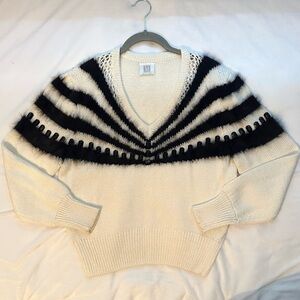 Madeleine Angora Rabbit Hair & Beads Knit Sweater Wmns M Cream & Black V-neck